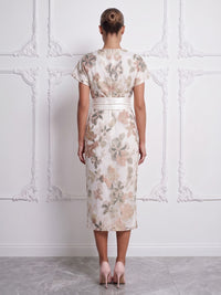 Jacquard Sheath/Column Scoop Neck Tea-Length Cocktail Dresses with Belt