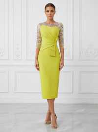 Stretch Jersey Sheath/Column Scoop Neck Tea-Length Cocktail Dresses with Ruched Waist