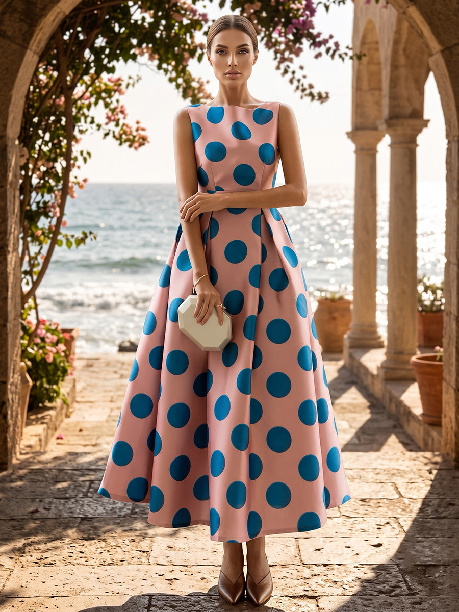 Satin A-Line/Princess Scoop Neck Tea-Length Cocktail Dresses with Polka Dot Print & Pleats