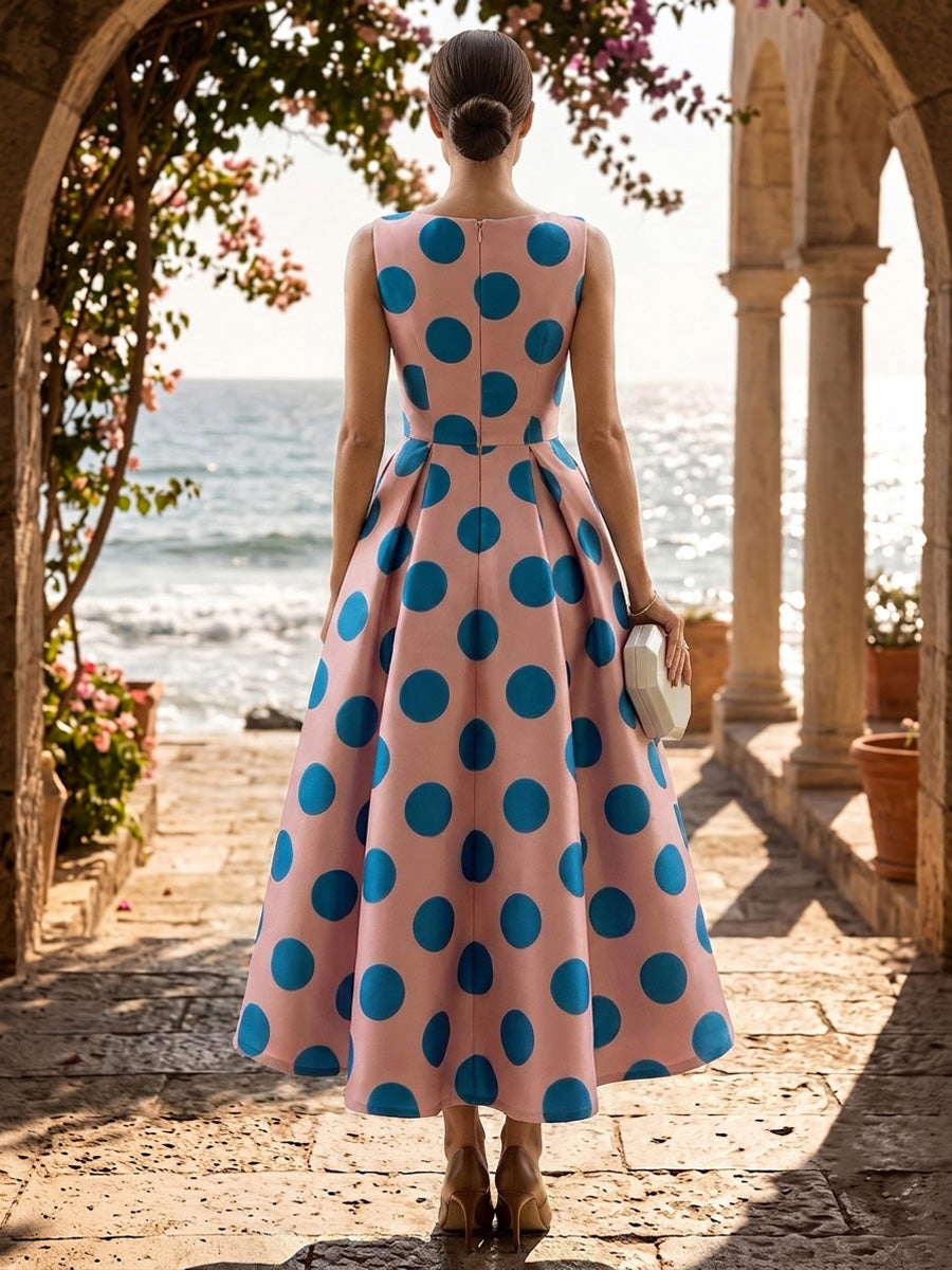 Satin A-Line/Princess Scoop Neck Tea-Length Cocktail Dresses with Polka Dot Print & Pleats