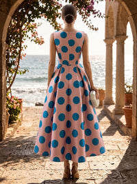 Satin A-Line/Princess Scoop Neck Tea-Length Cocktail Dresses with Polka Dot Print & Pleats