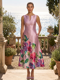 Floral Print A-Line/Princess V-Neck Tea-Length Cocktail Dresses with Pockets