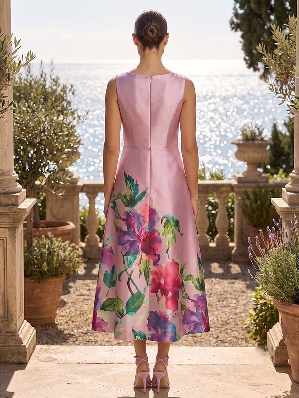 Floral Print A-Line/Princess V-Neck Tea-Length Cocktail Dresses with Pockets