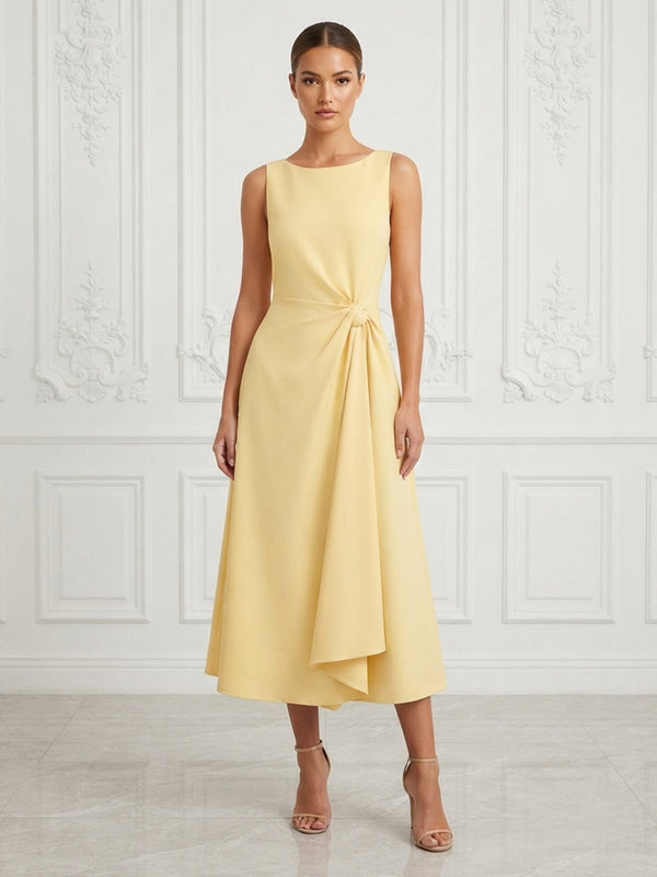 Stretch Jersey A-Line/Princess Scoop Neck Tea-Length Cocktail Dresses with Ruffles & Ruched Waist