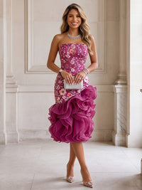 Floral Embroidery Mermaid/Trumpet Strapless Tea-Length Cocktail Dresses with Tiered Layers