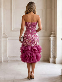 Floral Embroidery Mermaid/Trumpet Strapless Tea-Length Cocktail Dresses with Tiered Layers