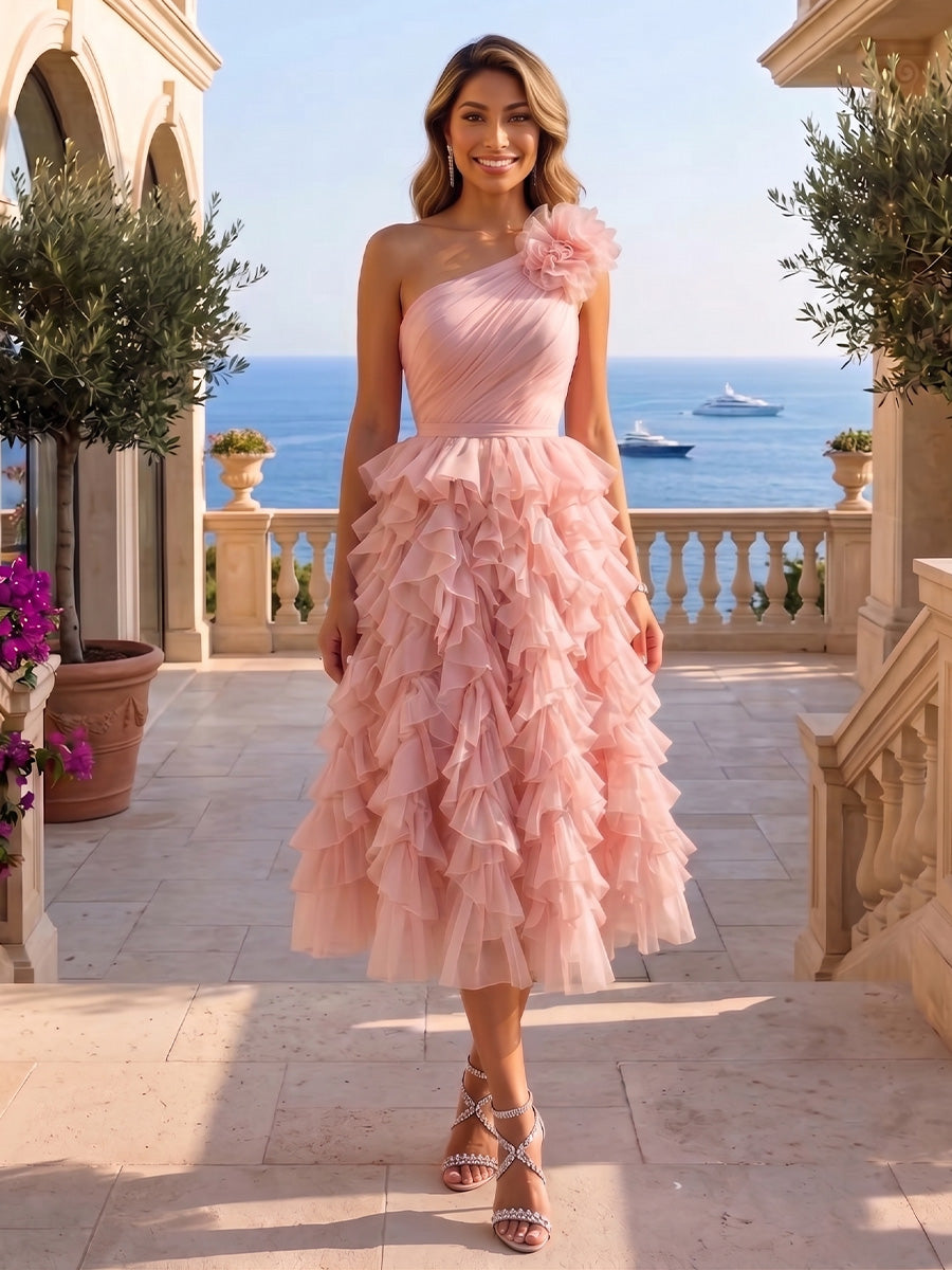 Tulle A-Line/Princess One Shoulder Tea-Length Cocktail Dresses with Tiered Layers & Ruffles