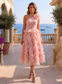Tulle A-Line/Princess One Shoulder Tea-Length Cocktail Dresses with Tiered Layers & Ruffles