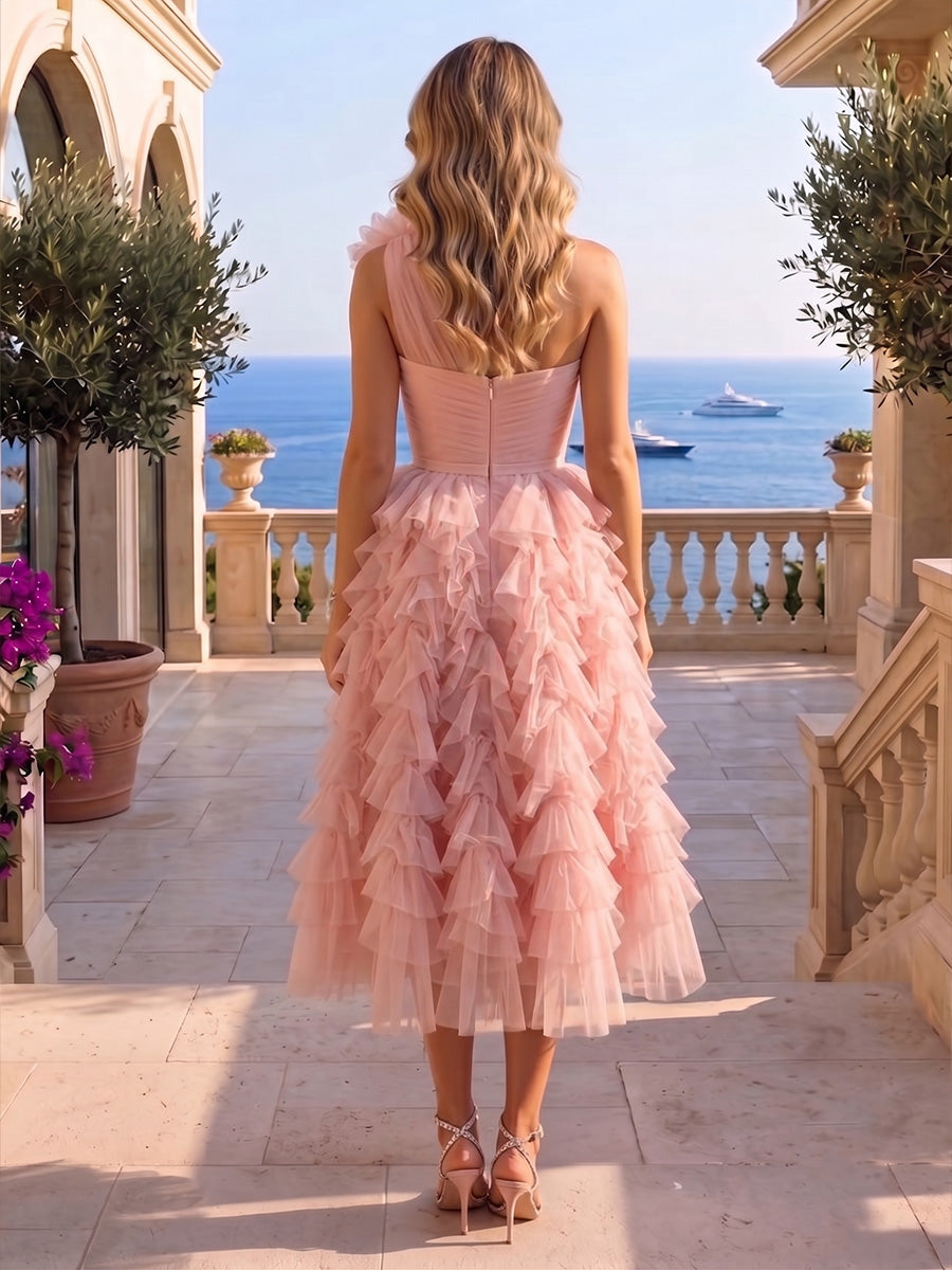 Tulle A-Line/Princess One Shoulder Tea-Length Cocktail Dresses with Tiered Layers & Ruffles