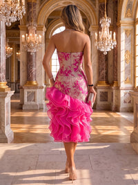 Jacquard Mermaid/Trumpet Strapless Tea-Length Cocktail Dresses with Tiered Layers & Ruffles