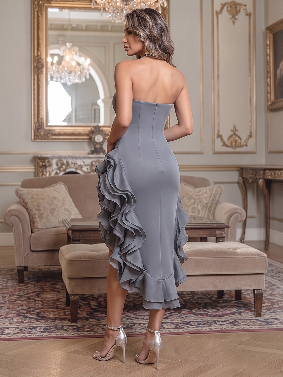 Stretch Jersey Mermaid/Trumpet Strapless High-Low Cocktail Dresses with Tiered Layers & Ruffles