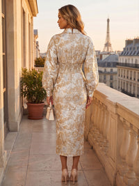 Jacquard Sheath/Column V-Neck Tea-Length Cocktail Dresses with Ruched Waist