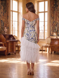 Floral Embroidery Mermaid/Trumpet Off Shoulder Tea-Length Cocktail Dresses with Tiered Layers & Ruffles