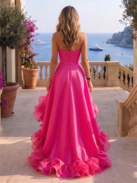 Satin A-Line/Princess Strapless High-Low Cocktail Dresses with Ruffles