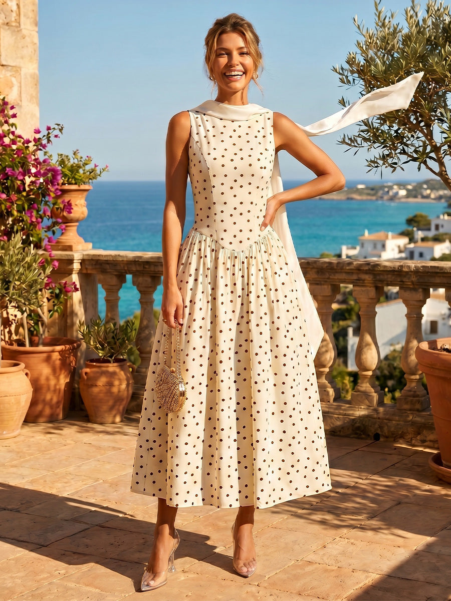 Chiffon A-Line/Princess Scoop Neck Tea-Length Cocktail Dresses with Polka Dot Print