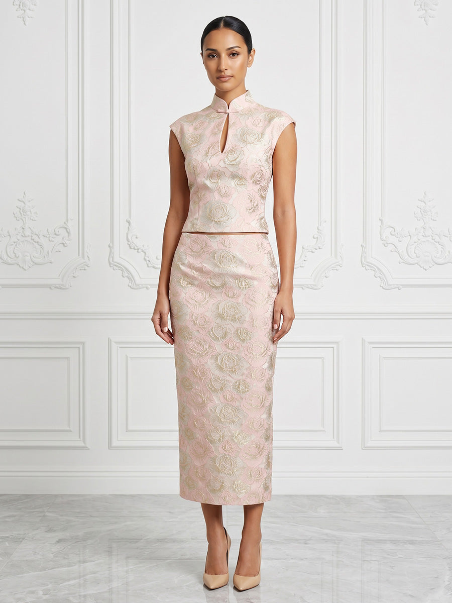 Jacquard Sheath/Column High Neck Tea-Length Cocktail Dresses for Women
