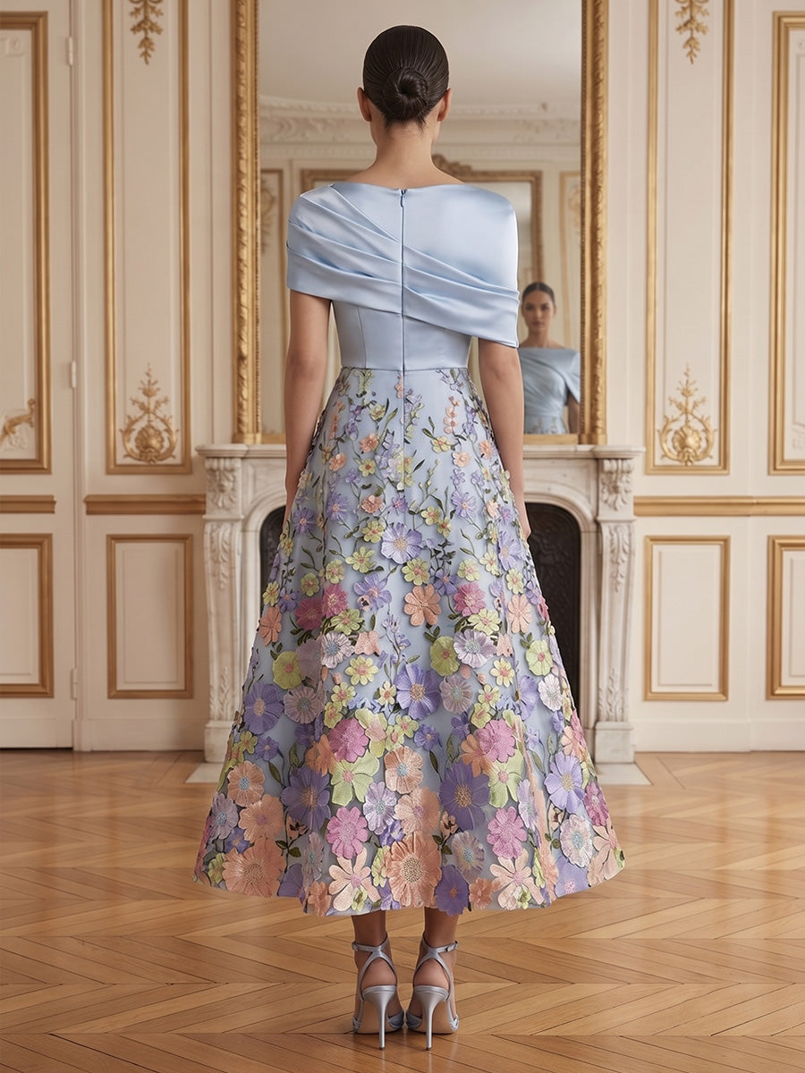 Floral Embroidery A-Line/Princess Scoop Neck Tea-Length Cocktail Dresses with Ruched Satin Bodice