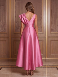 Satin A-Line/Princess V-Neck Tea-Length Cocktail Dresses with Ruched Waist