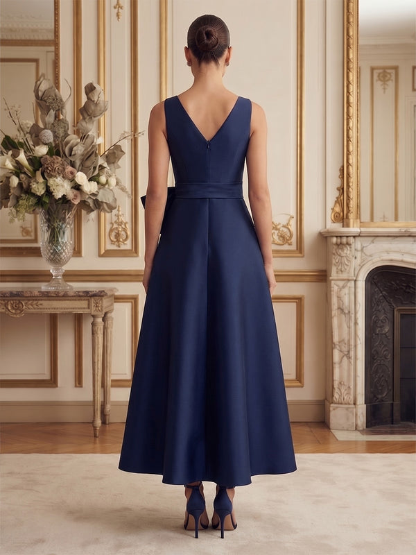 Satin A-Line/Princess V-Neck Tea-Length Cocktail Dresses with Belt