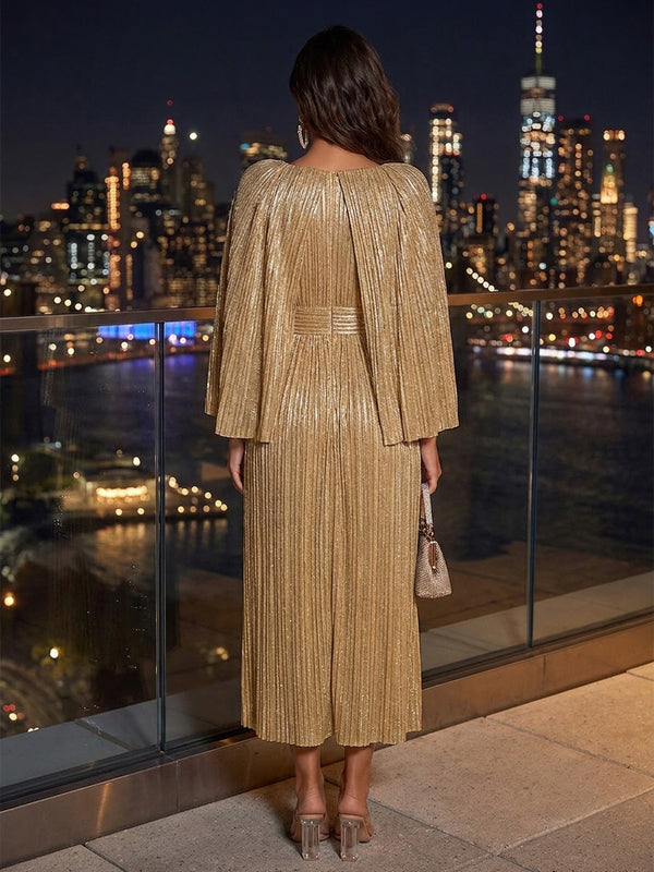 Metallic Satin A-Line/Princess V-Neck Tea-Length Cocktail Dresses with Pleats