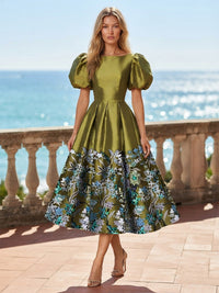 Satin A-Line/Princess Scoop Neck Tea-Length Cocktail Dresses with Sequin Floral Bodice & Pleats