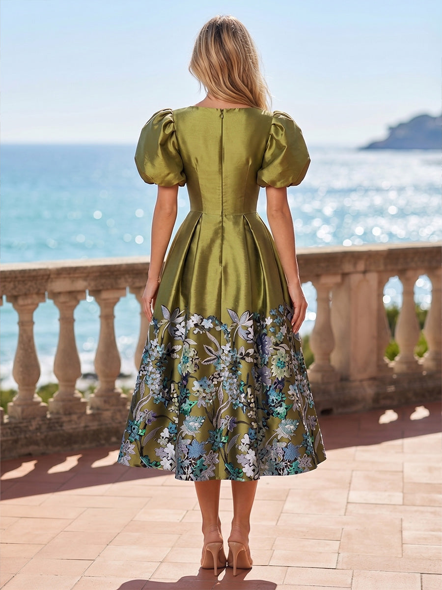 Satin A-Line/Princess Scoop Neck Tea-Length Cocktail Dresses with Sequin Floral Bodice & Pleats
