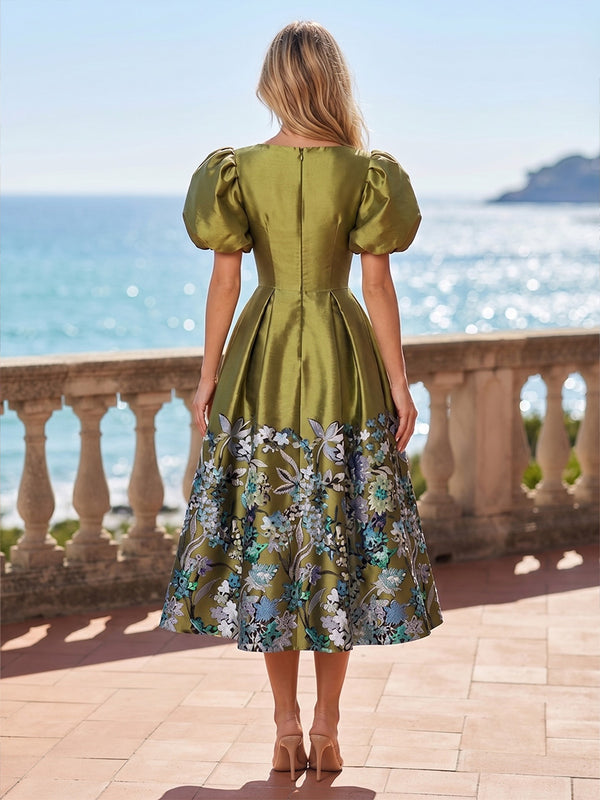 Satin A-Line/Princess Scoop Neck Tea-Length Cocktail Dresses with Sequin Floral Bodice & Pleats