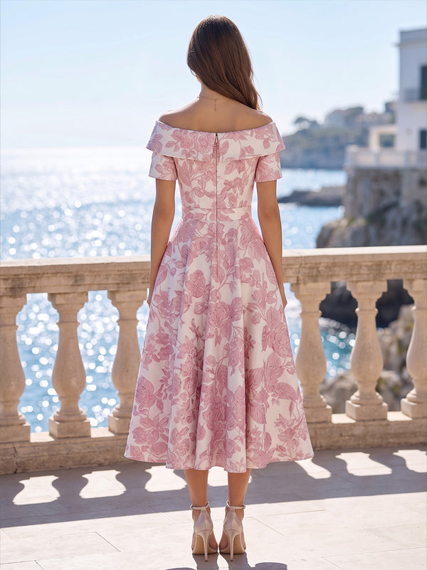 Jacquard A-Line/Princess Off Shoulder Tea-Length Cocktail Dresses with Pleats