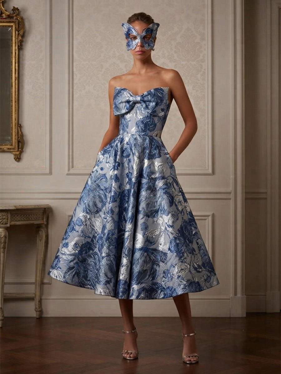 Jacquard A-Line/Princess Strapless Tea-Length Cocktail Dresses with Pleats & Pockets