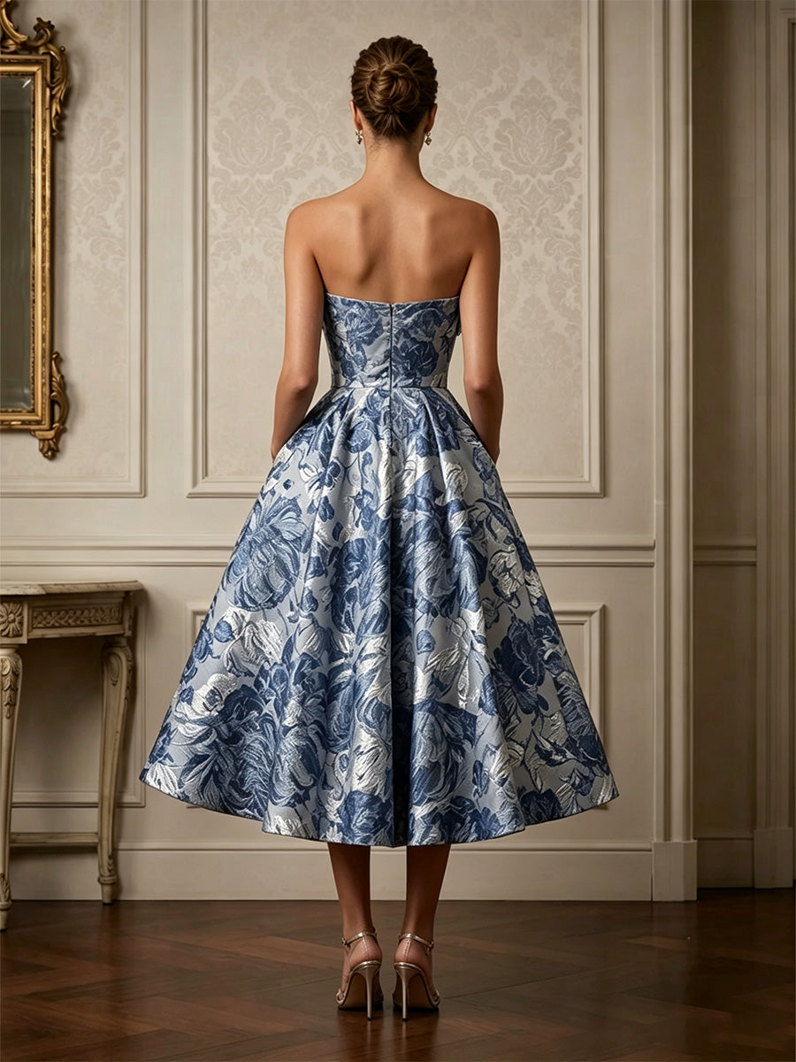 Jacquard A-Line/Princess Strapless Tea-Length Cocktail Dresses with Pleats & Pockets
