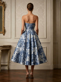 Jacquard A-Line/Princess Strapless Tea-Length Cocktail Dresses with Pleats & Pockets