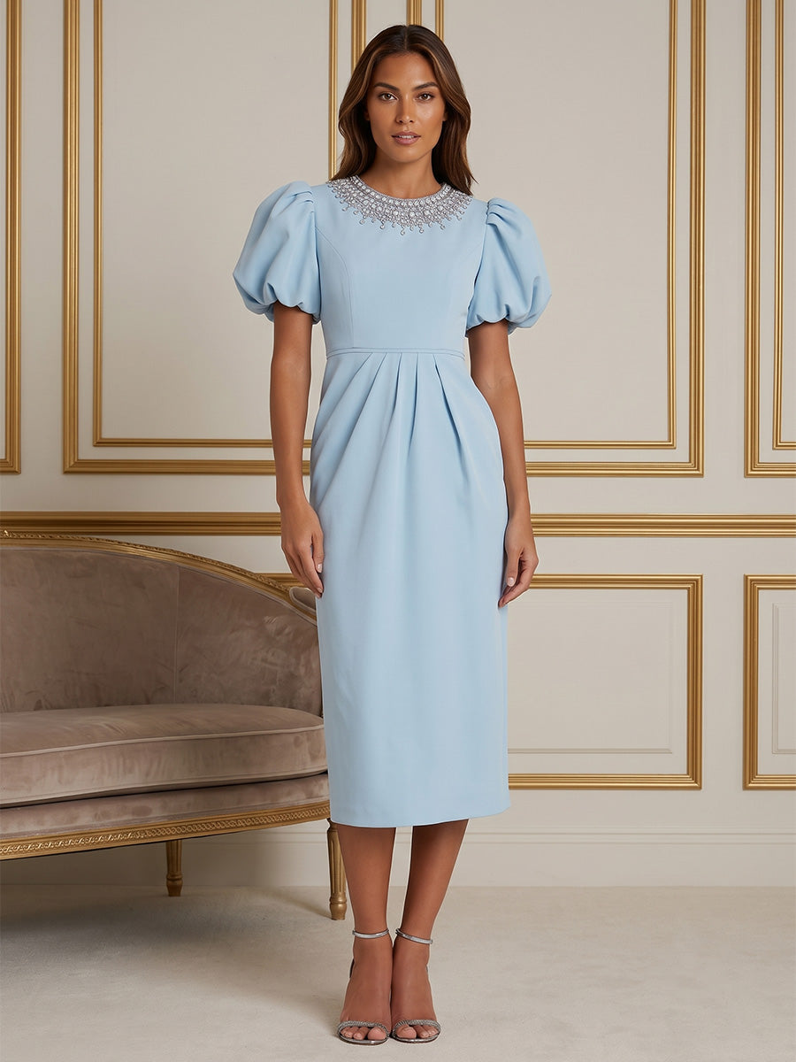 Stretch Jersey Sheath/Column Scoop Neck Tea-Length Cocktail Dresses with Rhinestones & Ruched Waist