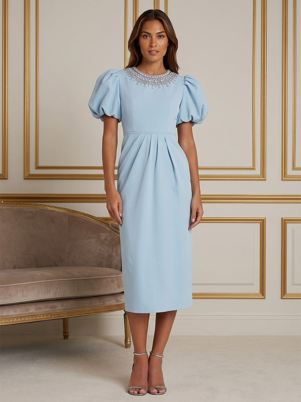 Stretch Jersey Sheath/Column Scoop Neck Tea-Length Cocktail Dresses with Rhinestones & Ruched Waist