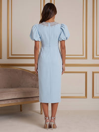 Stretch Jersey Sheath/Column Scoop Neck Tea-Length Cocktail Dresses with Rhinestones & Ruched Waist