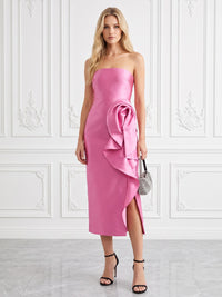 Satin Sheath/Column Strapless Tea-Length Cocktail Dresses with Ruffles