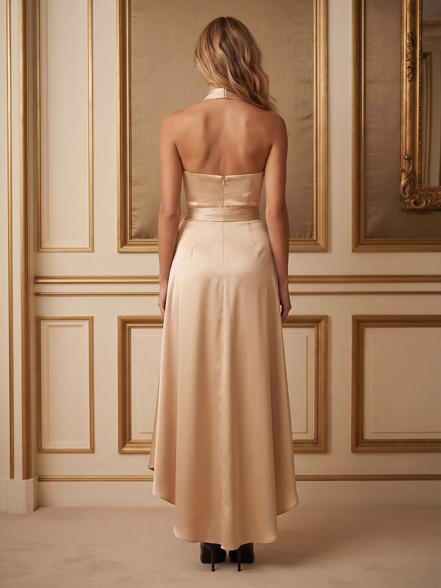Satin A-Line/Princess Halter High-Low Cocktail Dresses with Ruffles & Ruched Waist