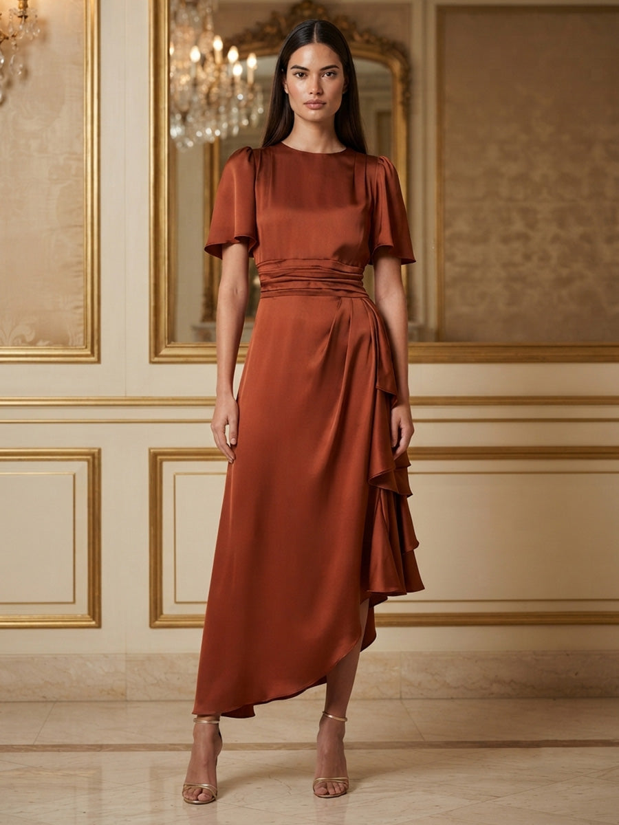 Satin A-Line/Princess Scoop Neck Tea-Length Cocktail Dresses with Ruffles & Ruched Waist