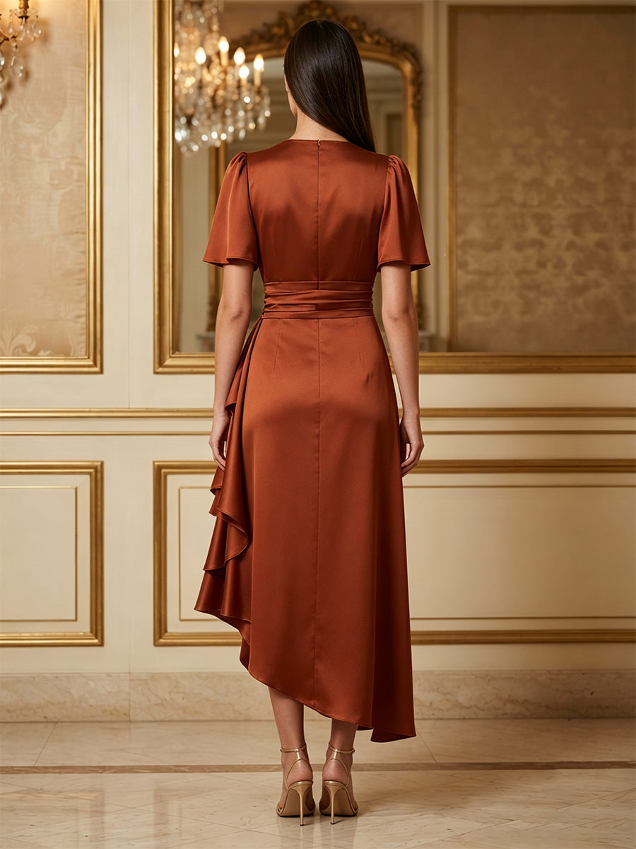 Satin A-Line/Princess Scoop Neck Tea-Length Cocktail Dresses with Ruffles & Ruched Waist