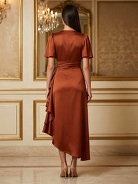Satin A-Line/Princess Scoop Neck Tea-Length Cocktail Dresses with Ruffles & Ruched Waist