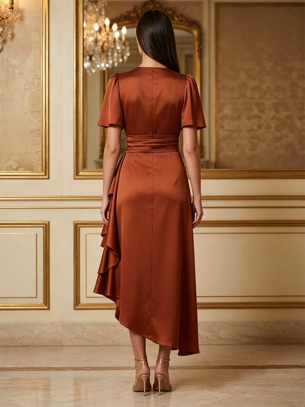 Satin A-Line/Princess Scoop Neck Tea-Length Cocktail Dresses with Ruffles & Ruched Waist