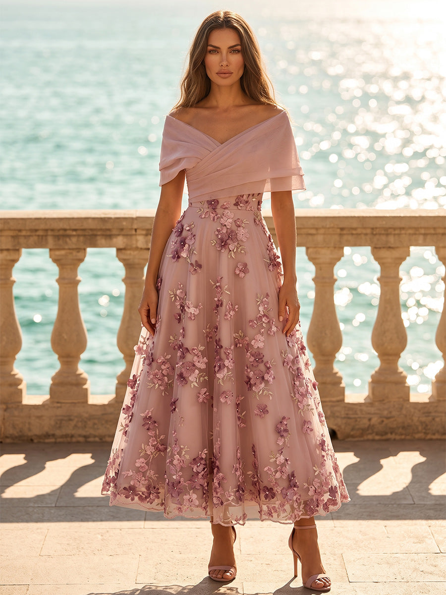 Tulle A-Line/Princess Off Shoulder Tea-Length Cocktail Dresses with 3D Flowers & Ruched Waist