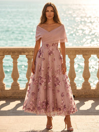 Tulle A-Line/Princess Off Shoulder Tea-Length Cocktail Dresses with 3D Flowers & Ruched Waist