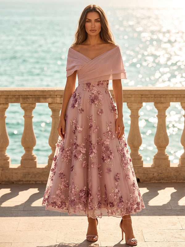 Tulle A-Line/Princess Off Shoulder Tea-Length Cocktail Dresses with 3D Flowers & Ruched Waist
