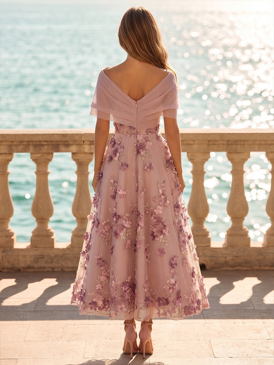 Tulle A-Line/Princess Off Shoulder Tea-Length Cocktail Dresses with 3D Flowers & Ruched Waist