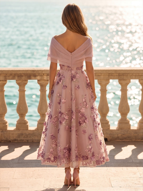 Tulle A-Line/Princess Off Shoulder Tea-Length Cocktail Dresses with 3D Flowers & Ruched Waist