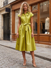 Satin A-Line/Princess V-Neck Tea-Length Cocktail Dresses with 3D Flowers & Belt
