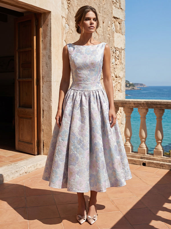 Jacquard A-Line/Princess Scoop Neck Tea-Length Cocktail Dresses with Pleats