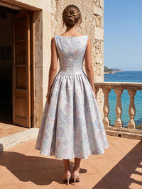 Jacquard A-Line/Princess Scoop Neck Tea-Length Cocktail Dresses with Pleats