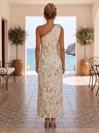 Jacquard Sheath/Column One Shoulder Tea-Length Cocktail Dresses with 3D Flowers