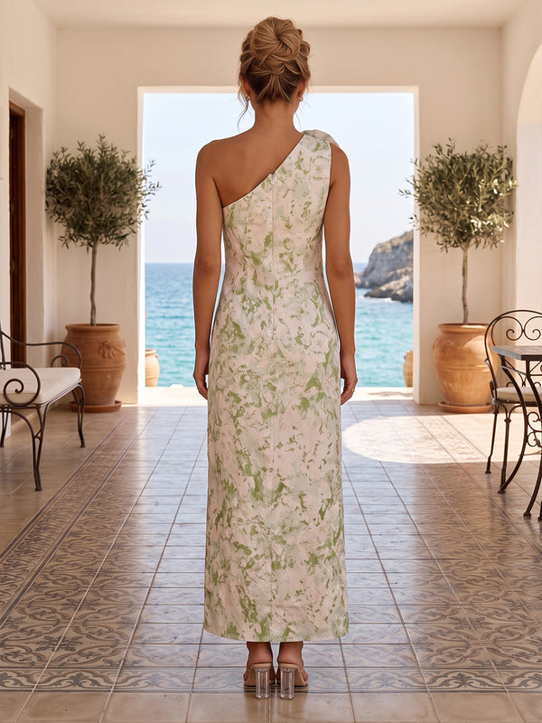Jacquard Sheath/Column One Shoulder Tea-Length Cocktail Dresses with 3D Flowers